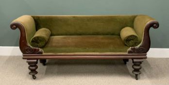 VICTORIAN MAHOGANY DOUBLE SCROLL END COUCH with bolster cushions, carved detail to the front, on