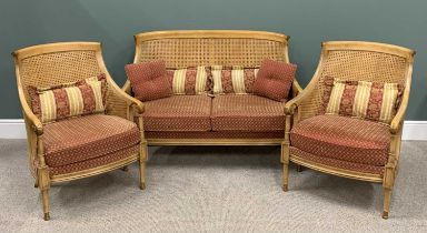 REPRODUCTION YEW DOUBLE CANE THREE-PIECE BERGERE LOUNGE SUITE, each piece having curved backs and