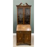 SHERATON-STYLE INLAID MAHOGANY BUREAU BOOKCASE circa 1910, having block moulding to a broken swan