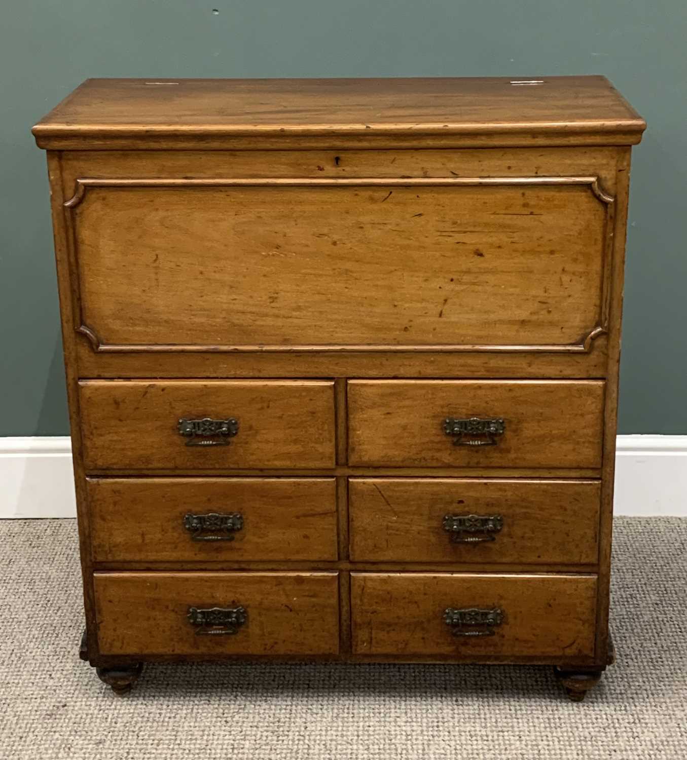 UNUSUAL MAHOGANY MULE CHEST CIRCA 1900, the hinged lidded top opening to reveal a four-section