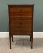 MAHOGANY MUSIC SHEET CABINET having six drop down front drawers with turned wooden knobs, blind