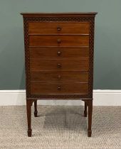 MAHOGANY MUSIC SHEET CABINET having six drop down front drawers with turned wooden knobs, blind