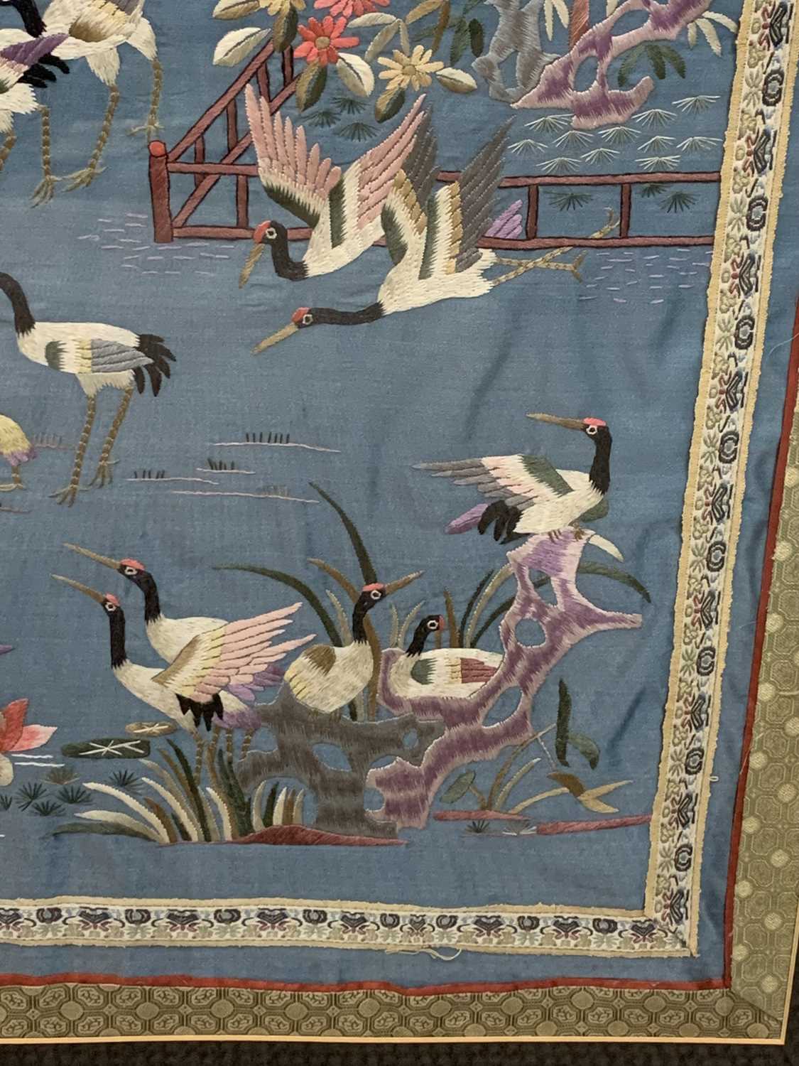 FRAMED CHINESE SILK PANEL worked with a flock of geese over water, overall 90 x 130cms Provenance: - Image 2 of 3