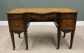 CLASSICALLY STYLED SERPENTINE FRONT MAHOGANY WRITING DESK, with gilt tooled leather insert to the