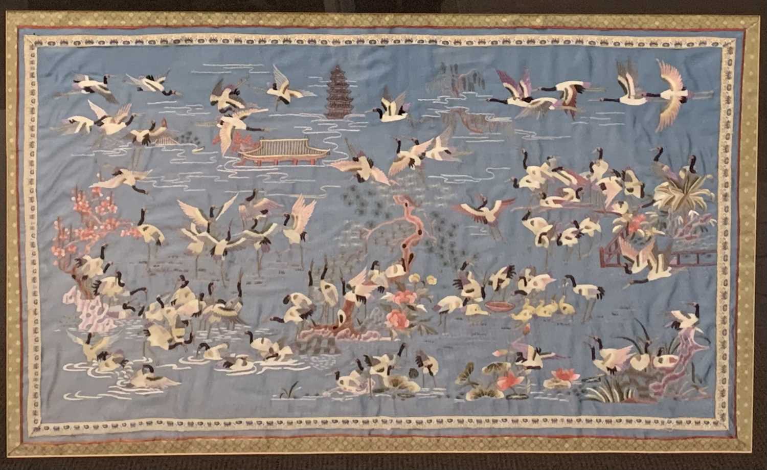 FRAMED CHINESE SILK PANEL worked with a flock of geese over water, overall 90 x 130cms Provenance: