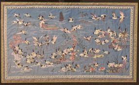 FRAMED CHINESE SILK PANEL worked with a flock of geese over water, overall 90 x 130cms Provenance: