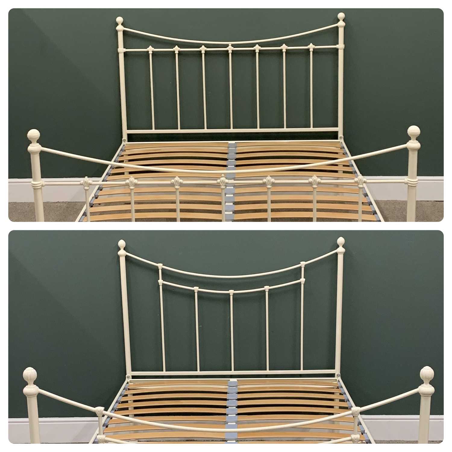 TWO MODERN WHITE PAINTED METAL BEDFRAMES TO TAKE KING SIZE & DOUBLE MATTRESSES, 130cms H, 153cms