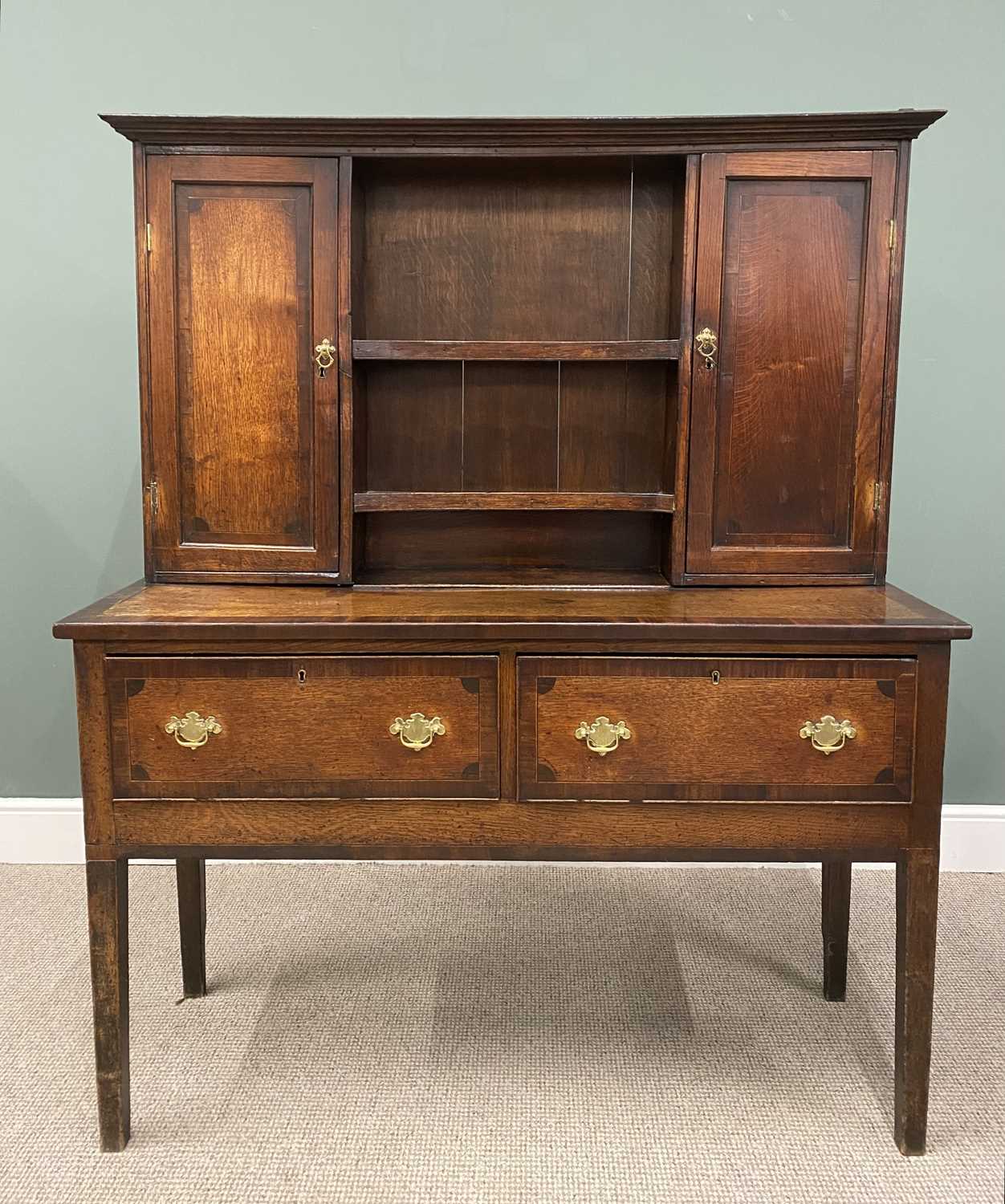 GEORGE III OAK & CROSS BANDED MAHOGANY DRESSER, PROBABLY WEST MIDLANDS, having an upper rack of