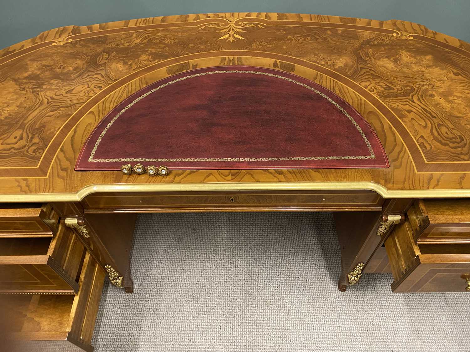 BARNINI OSEO EMPIRE-STYLE DEMI LUNE REGGENZA DESK, the shaped gilt edged top with various inlays - Image 3 of 7