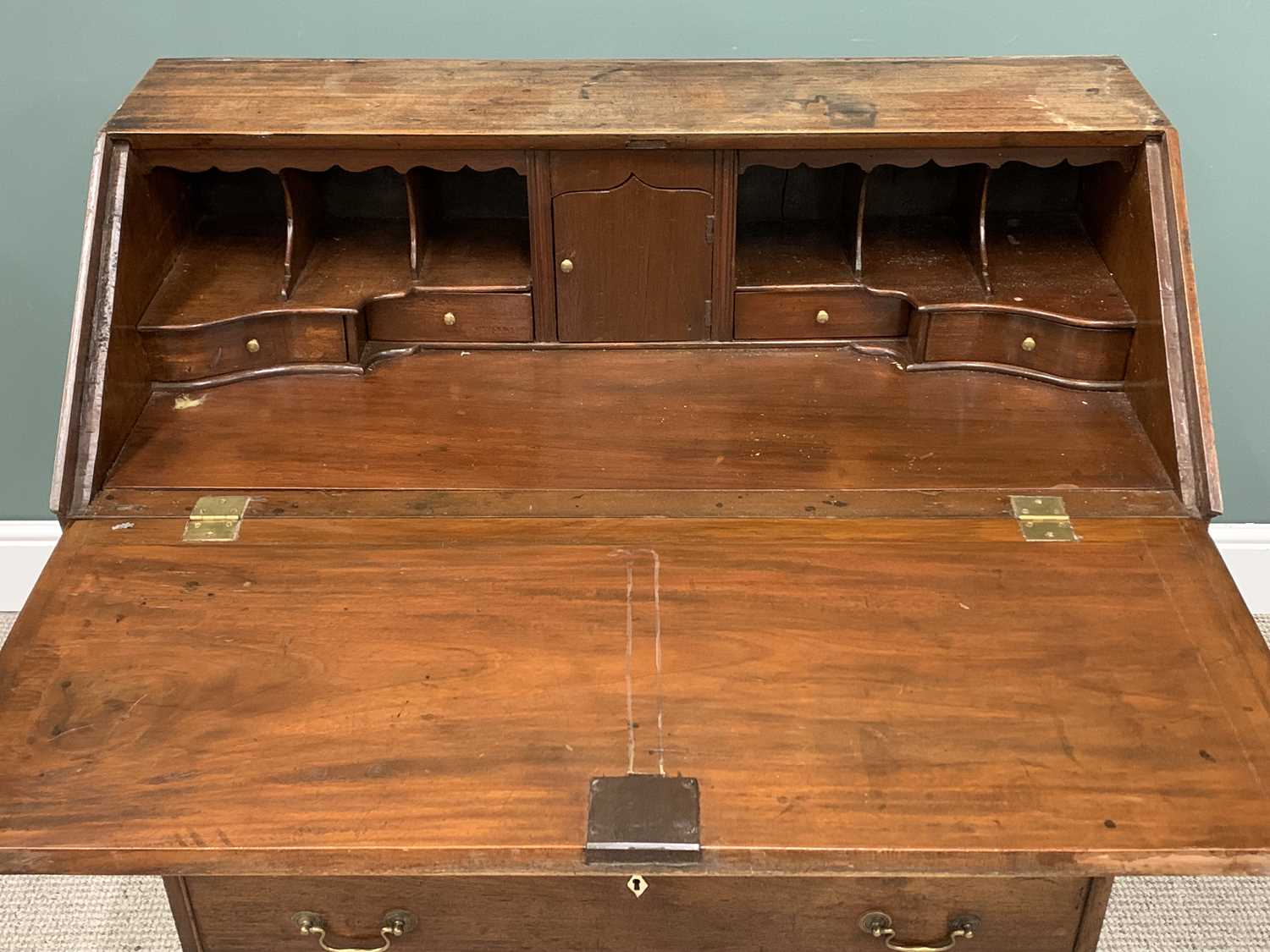 EARLY 19TH CENTURY MAHOGANY FALL FRONT BUREAU, the fall interior having an arrangement of pigeon - Image 2 of 6
