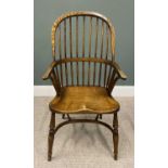 REPRODUCTION ELM WINDSOR ARMCHAIR with crinoline stretcher labelled under the seat 'Carlton