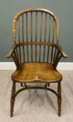 REPRODUCTION ELM WINDSOR ARMCHAIR with crinoline stretcher labelled under the seat 'Carlton