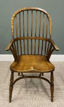 REPRODUCTION ELM WINDSOR ARMCHAIR with crinoline stretcher labelled under the seat 'Carlton