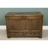 ANTIQUE OAK MULE CHEST having a two-plank hinged top, peg joined construction, panel sided along