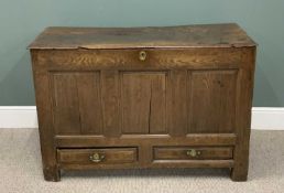 ANTIQUE OAK MULE CHEST having a two-plank hinged top, peg joined construction, panel sided along