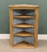 VINTAGE STRIPPED PINE OPEN CORNER DISPLAY UNIT, having three shaped shelves and painted interior