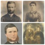 FOUR VICTORIAN PORTRAIT PHOTOGRAPHS, similar sizes, including a pair in carved oak frames, 67 x
