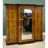 VICTORIAN BURR WALNUT TRIPLE WARDROBE, having a shaped moulded cornice with a breakfront large