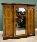 VICTORIAN BURR WALNUT TRIPLE WARDROBE, having a shaped moulded cornice with a breakfront large