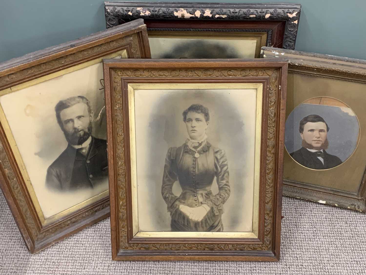 FOUR VICTORIAN PORTRAIT PHOTOGRAPHS, similar sizes, including a pair in carved oak frames, 67 x - Image 2 of 7