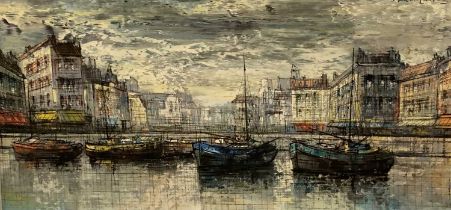 MARCEL LAREAU (French 20th Century) oil on canvas - Continental harbour scene, signed, 40 x 80cms