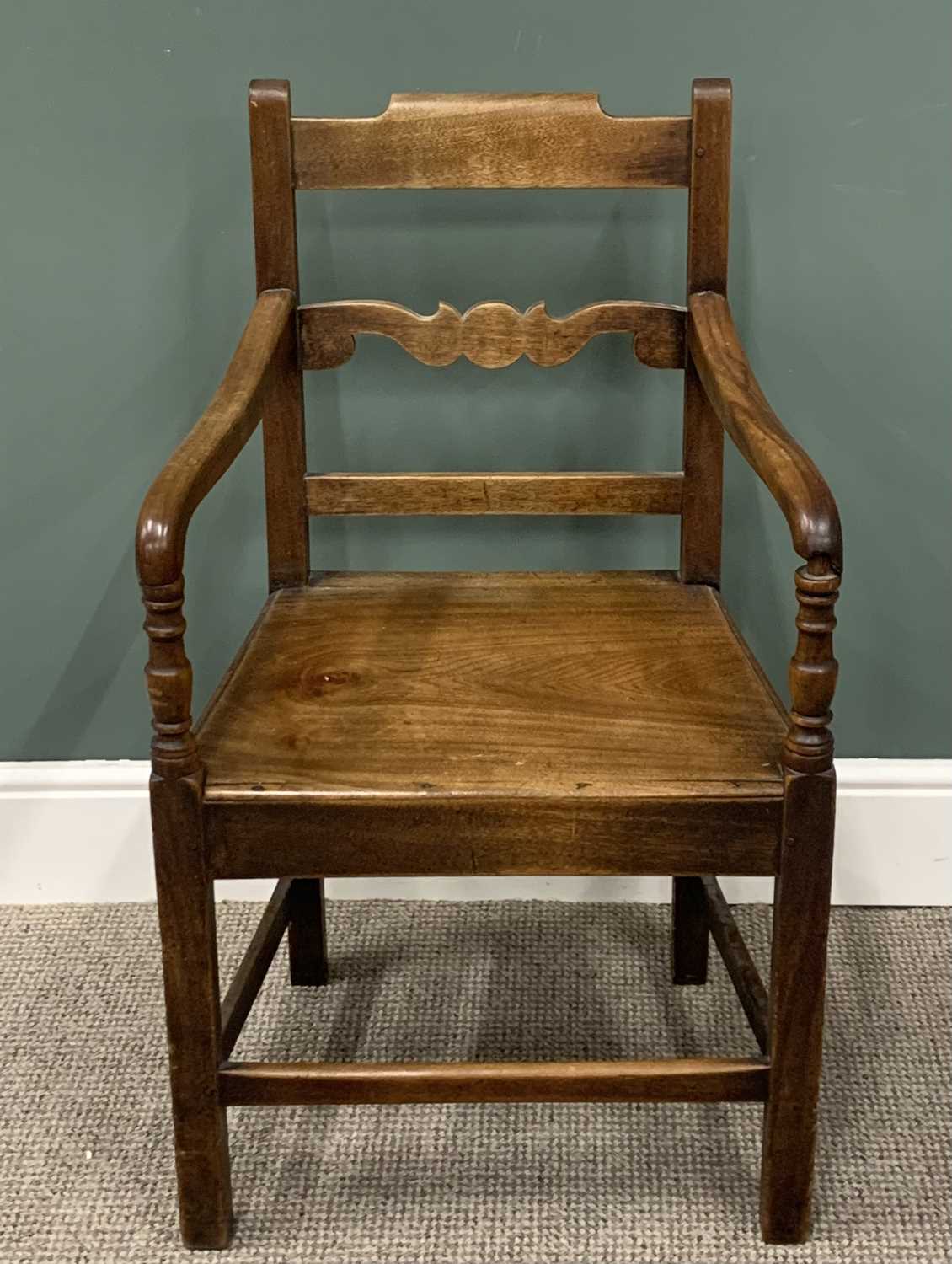 PEG JOINED MAHOGANY ANTIQUE FARMHOUSE ARMCHAIR, circa 1820, with a shaped central back rail and - Image 2 of 3