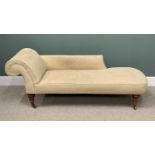 EDWARDIAN CHAISE LONGUE, with striped upholstery, on turned supports, 73cms H, 190cms W, 63cms D