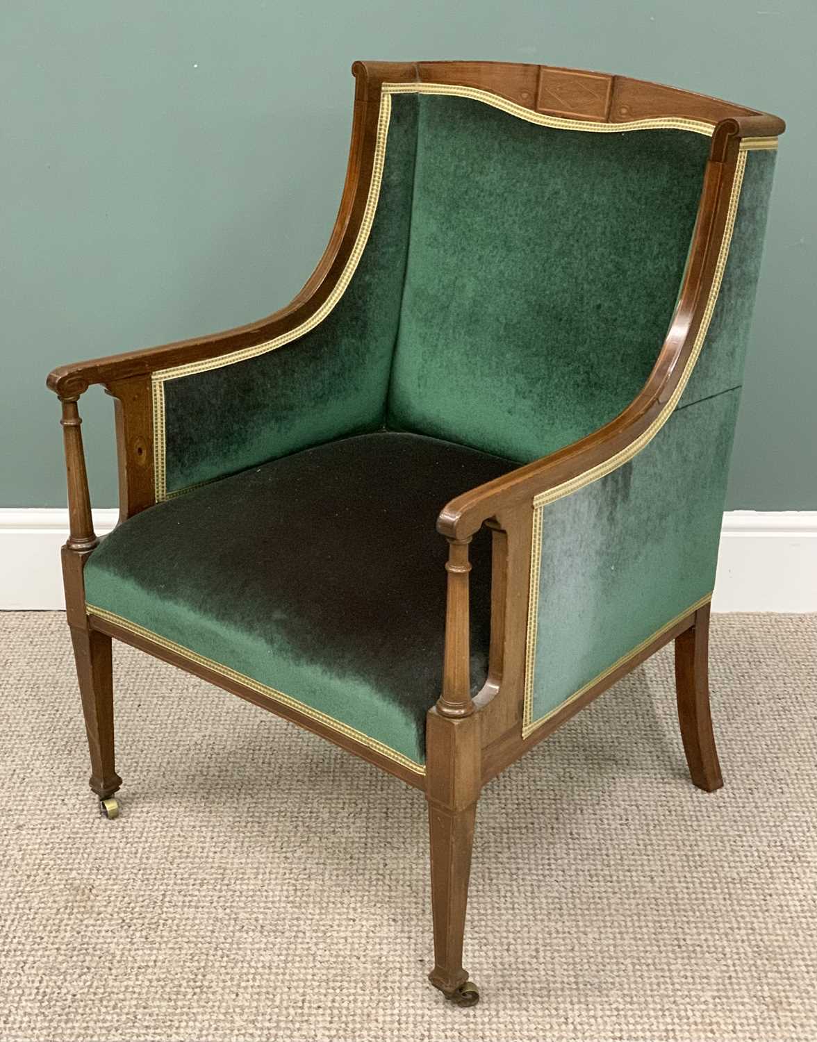 EDWARDIAN INLAID MAHOGANY SALON ARMCHAIR in green velour upholstery, on tapering front supports - Image 3 of 4