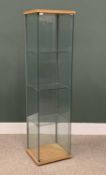 MODERN GLASS DISPLAY UNIT cubic with single opening door and glass display shelves, 164cms H, 42.