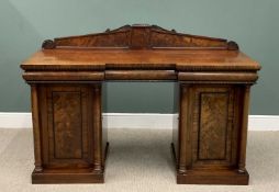 REGENCY MAHOGANY TWIN PEDESTAL SIDEBOARD, having a carved and beaded panel railback to an inverted