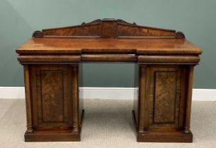 REGENCY MAHOGANY TWIN PEDESTAL SIDEBOARD, having a carved and beaded panel railback to an inverted
