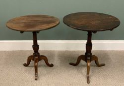 TWO ANTIQUE CIRCULAR TILT TOP TRIPOD TABLES, one oak, 70cms H, 66cms top diam., the other