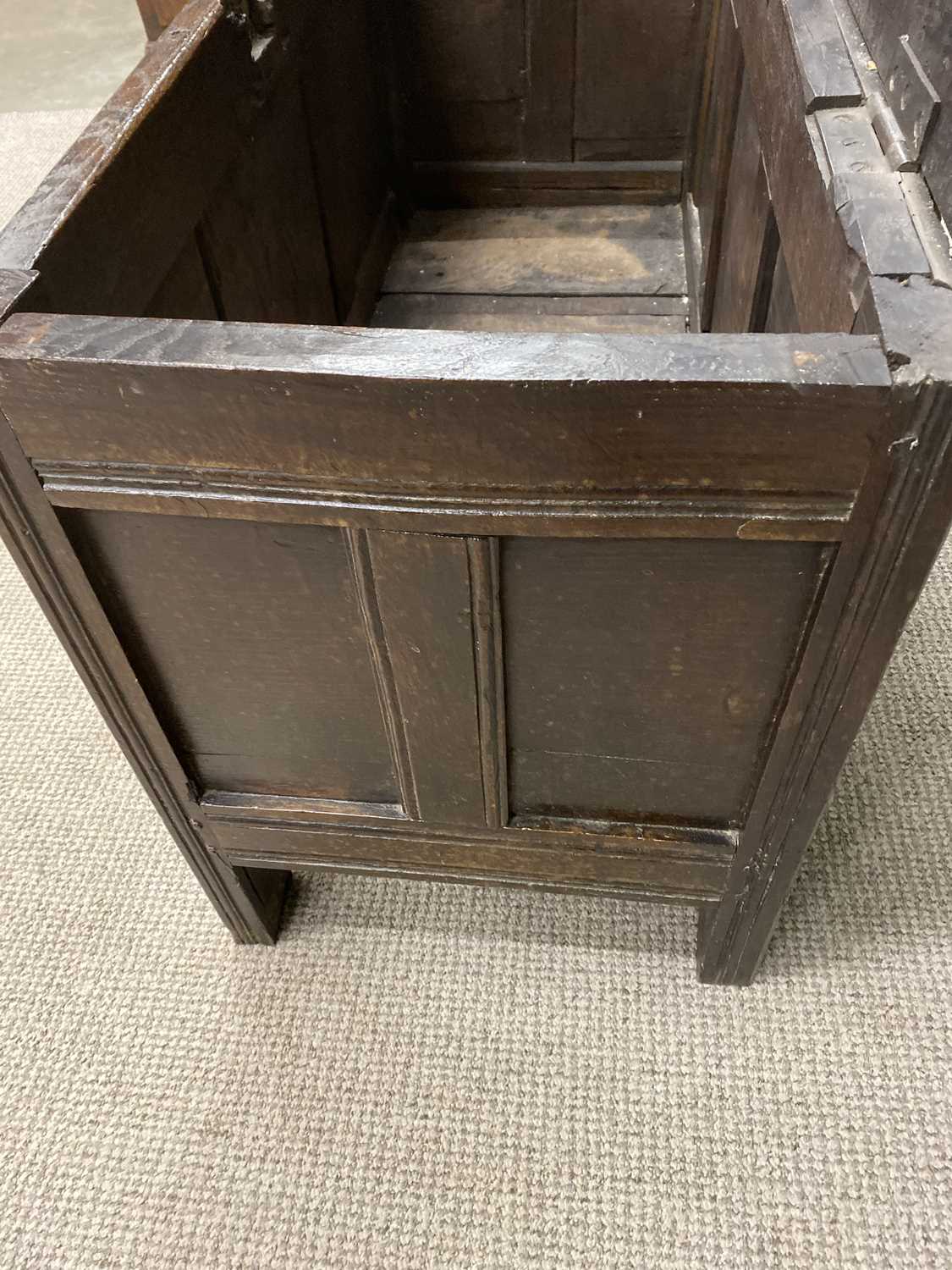 INLAID ANTIQUE OAK COFFER, peg joined construction, double panel sided with four inset panels to the - Image 6 of 6