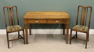 OAK LIBRARY FURNITURE, comprising a two-drawer table on turned supports, with pad feet, 77cms H,