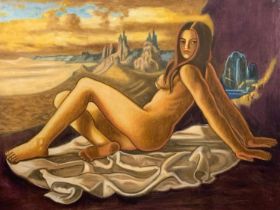 RICHARD TURNER (known as Turneramon, 1940-2013) oil on canvas - reclining nude in a fantasy-type