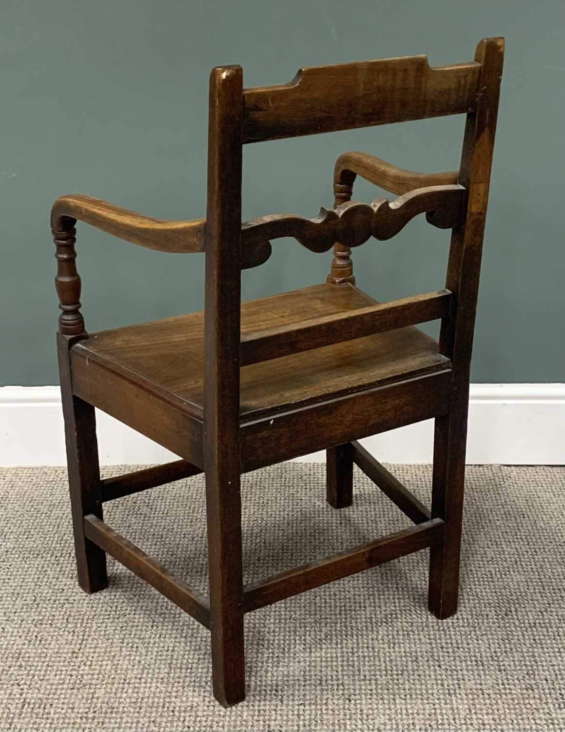 PEG JOINED MAHOGANY ANTIQUE FARMHOUSE ARMCHAIR, circa 1820, with a shaped central back rail and - Image 3 of 3