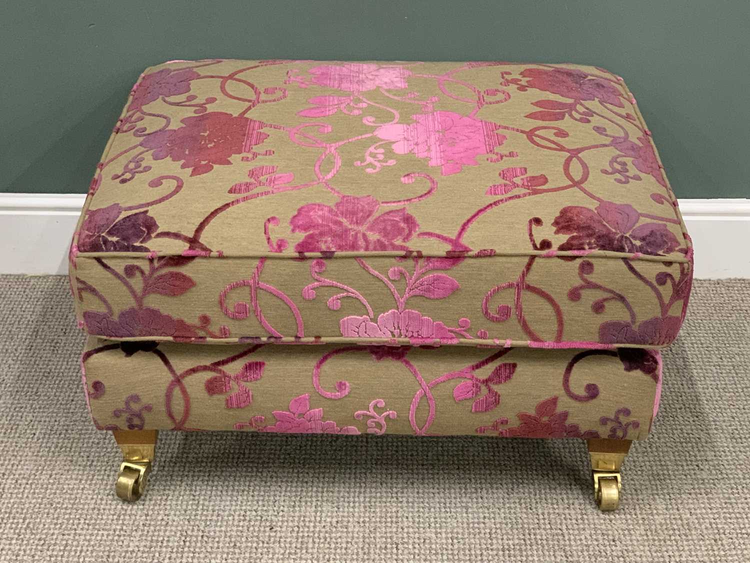 MODERN OVERSIZED UPHOLSTERED FOOTSTOOL on brass castors, 47cms H, 83cms W, 67cms D Provenance: - Image 2 of 2