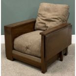 OAK ART DECO LIBRARY ARMCHAIR, having a single flap side table to one side and an open bookcase to