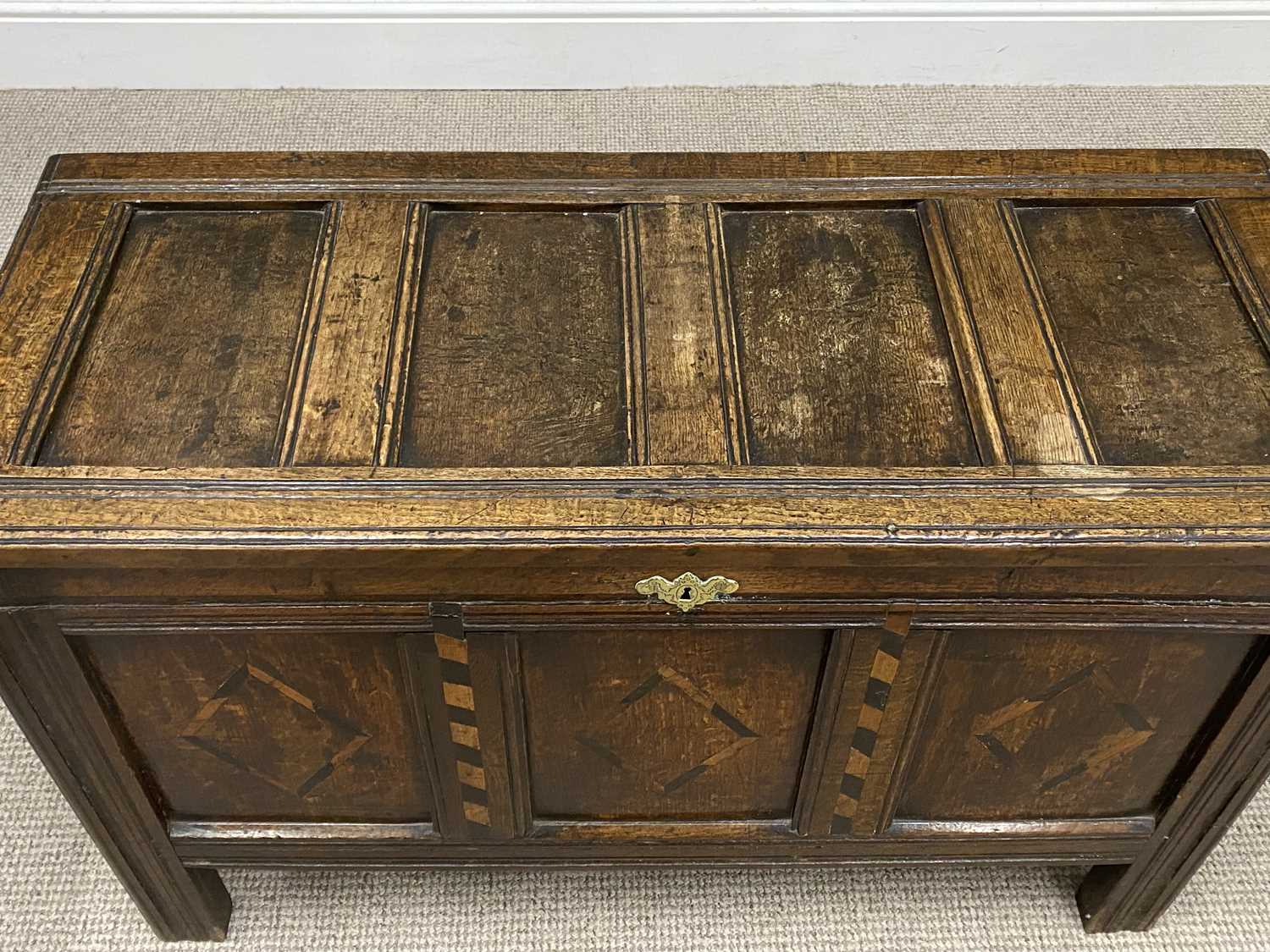 INLAID ANTIQUE OAK COFFER, peg joined construction, double panel sided with four inset panels to the - Image 2 of 6