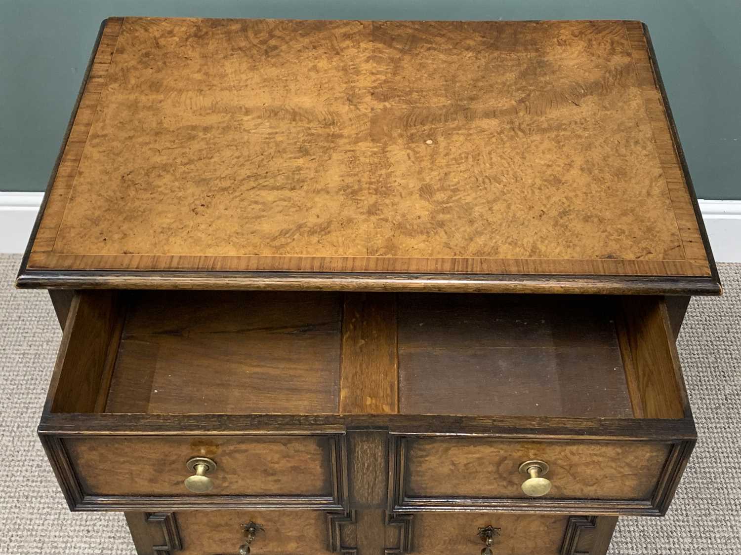 BURR WALNUT & OAK JACOBEAN STYLE CHEST, early 20th Century with interior label for Goodalls - Image 2 of 6