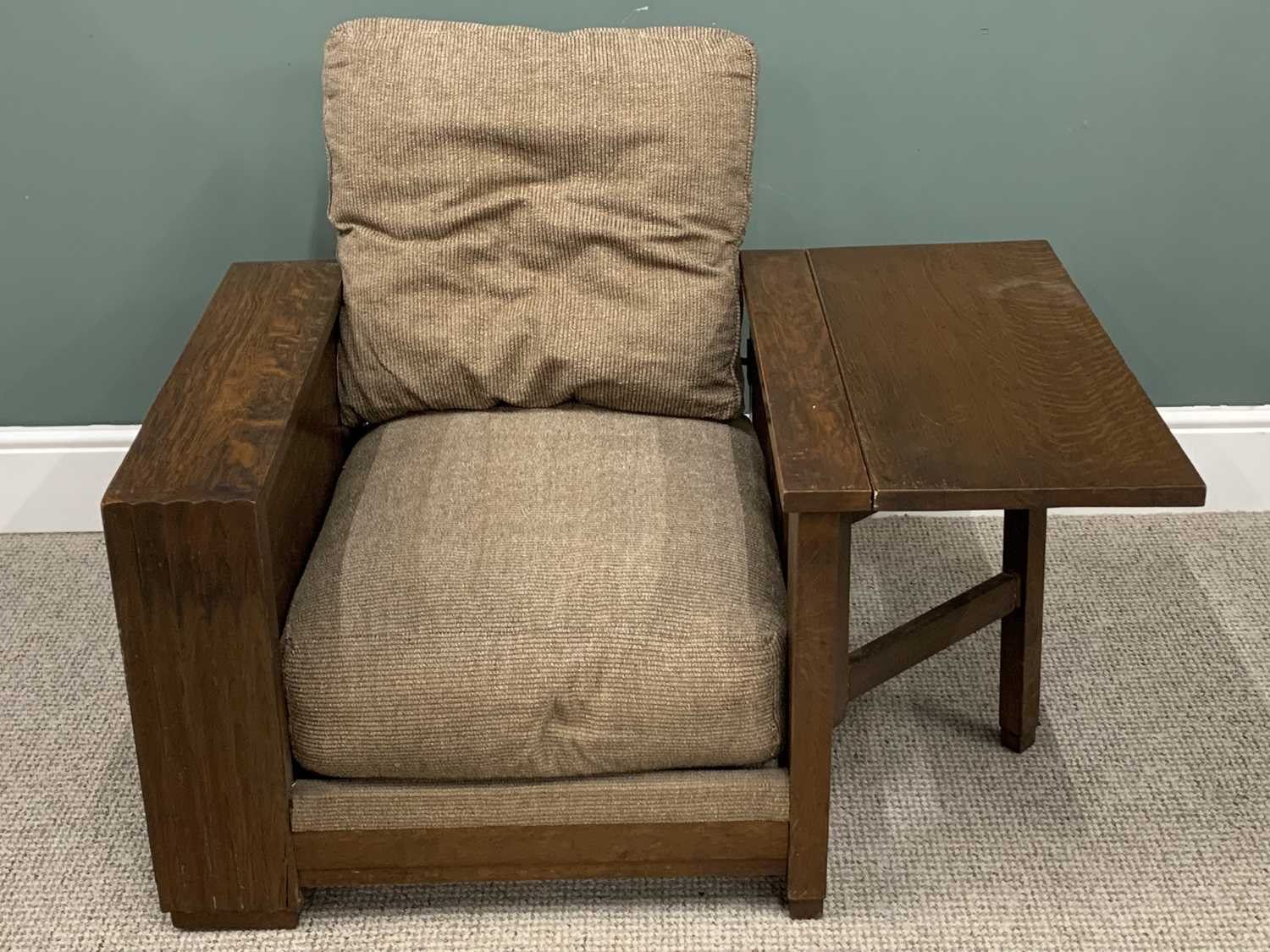 OAK ART DECO LIBRARY ARMCHAIR, having a single flap side table to one side and an open bookcase to - Image 2 of 4