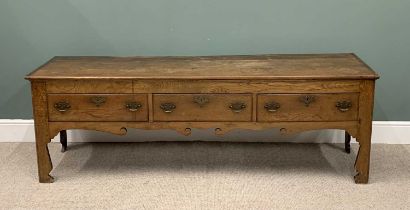 REPRODUCTION OAK LOW DRESSER BASE, the three plank top having cleated ends over three oak lined