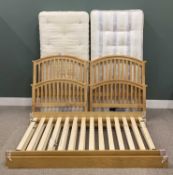 PAIR OF MODERN LIGHTWOOD SINGLE BEDFRAMES WITH MATTRESSES, one labelled 'Silent Dreams Gold Seal',