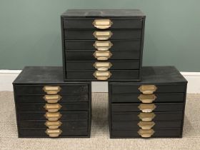 THREE VINTAGE METAL SIX-DRAWER DOCUMENT CABINETS IN BLACK, 33cms H, 39cms W, 24.5cms D Provenance: