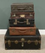 VINTAGE STEAMER TRUNK & FOUR LUGGAGE CASES, the trunk top initialled J B, with interior lift out