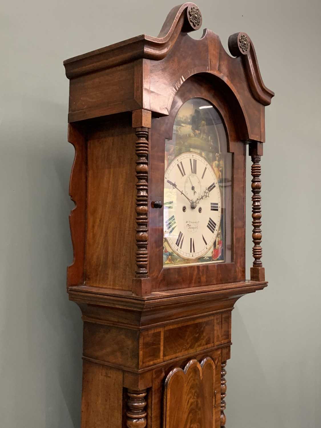 VICTORIAN MAHOGANY LONGCASE CLOCK BY W UNDERHILL, NEWPORT, the arched top dial with painted - Image 3 of 11