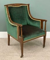 EDWARDIAN INLAID MAHOGANY SALON ARMCHAIR in green velour upholstery, on tapering front supports