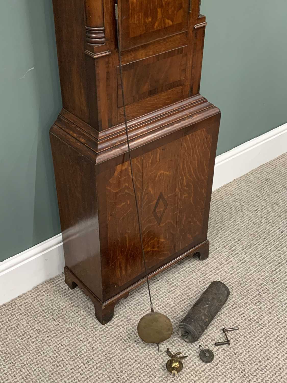 OAK & MAHOGANY LONGCASE CLOCK circa 1840, Newark maker, having an arched top painted dial, depicting - Image 4 of 9