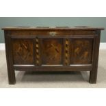 INLAID ANTIQUE OAK COFFER, peg joined construction, double panel sided with four inset panels to the