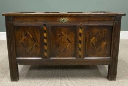INLAID ANTIQUE OAK COFFER, peg joined construction, double panel sided with four inset panels to the